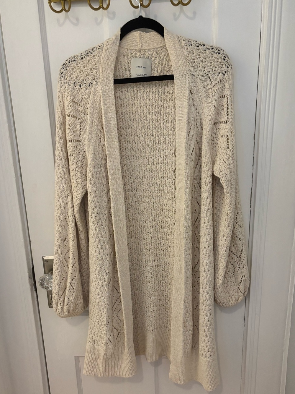 Zara Cream Open-Front Knit Cardigan with Cable & Eyelet Detail
